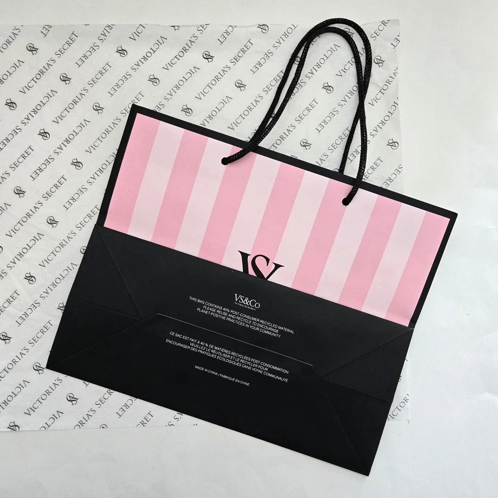 Victorias Secret Paper Shopping Gift Bag With Tissue Pink Black Glossy 11